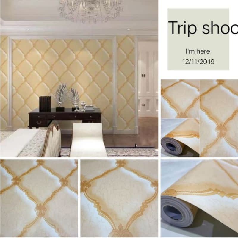 Wallpaper Dinding Ruang Tamu Kotak 3D Krem Kecoklatan Mewah Elegan Terbaru