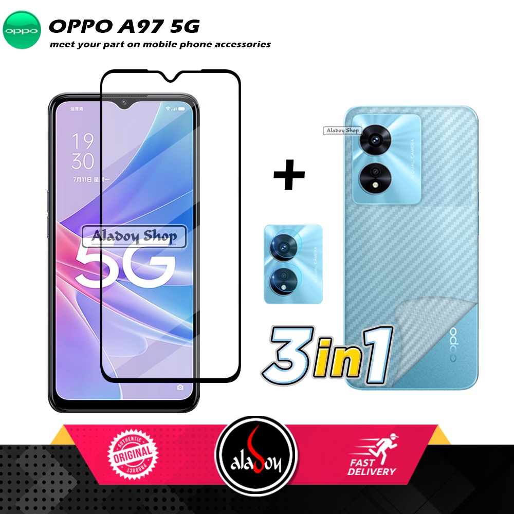 PAKET 3 IN 1 Tempered Glass Layar Oppo A97 Free Tempered Glass Camera dan Skin Carbon