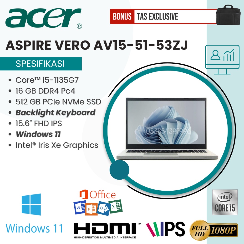 ACER ASPIRE VERO AV15-51-53ZJ / CORE I5-1135G7 / 16GB / 512GB SSD / IRIS XE / 15.6&quot; IPS FHD / WINDOWS 11 / WIFI 6 / BACKLIT KEY