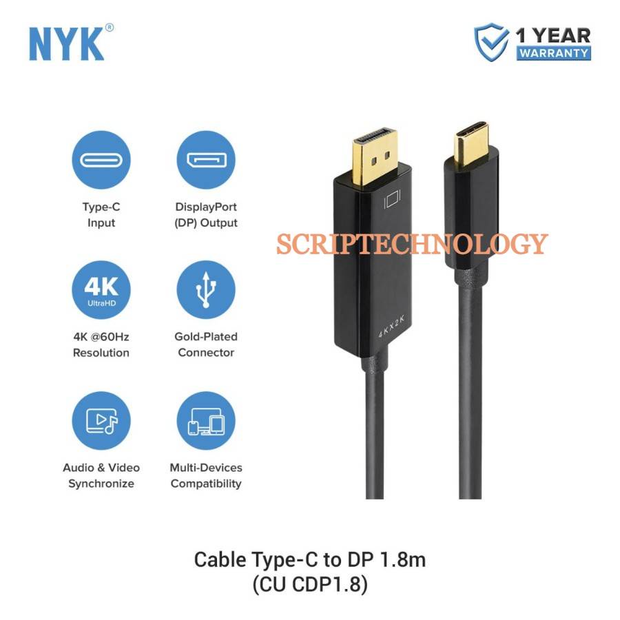 Kabel Type C to Displayport 1.8m 4k NYK Gold Plate Cable