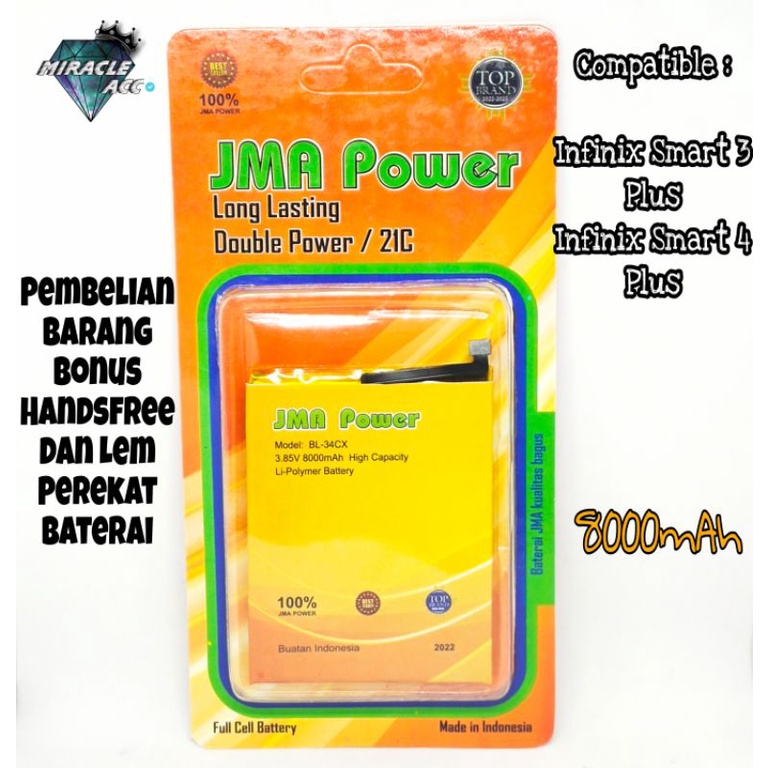 Baterai JMA Power Double Power Original For Infinix BL-34CX Smart 4 Plus Bonus Handsfree dan Lem Per
