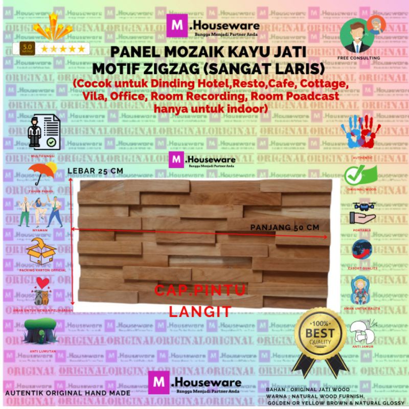 Panel Dinding KAYU JATI Premium Motif Mozaik 3D / Wood Panel UK 50x25cm
