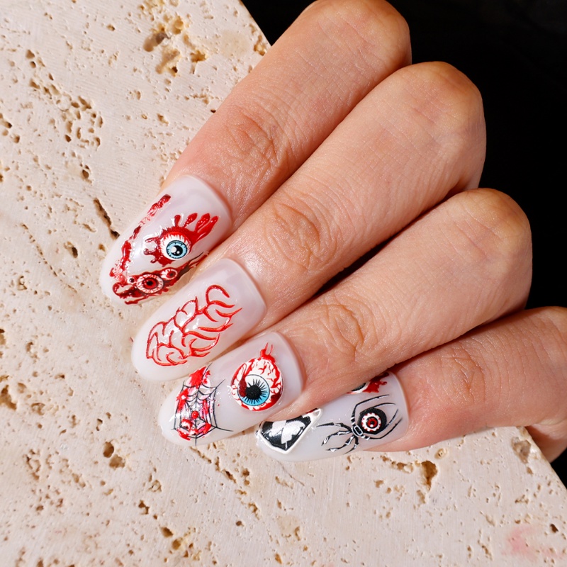 1 Lembar Stiker Kuku Desain Tulang Hantu Horror 5D Tahan Air Untuk Dekorasi Nail Art
