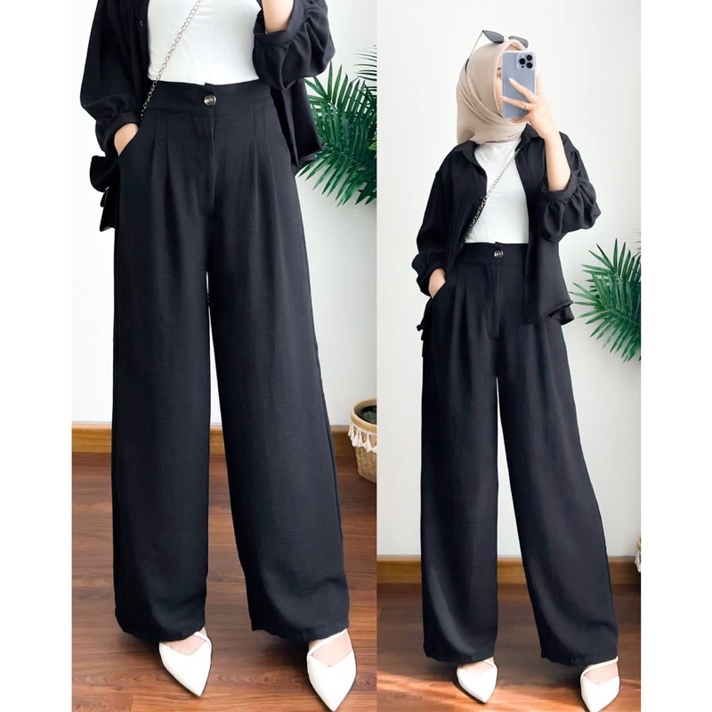 Celana Kulot Crinkle Highwaist Wanita Loose Cullote Zada Kulot Kancing
