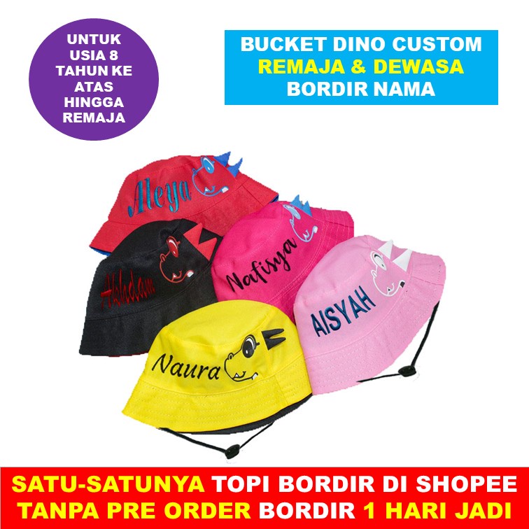 Topi Bucket Dino Custom Bordir Nama Dinosaurus Usia 8 Tahun ke atas