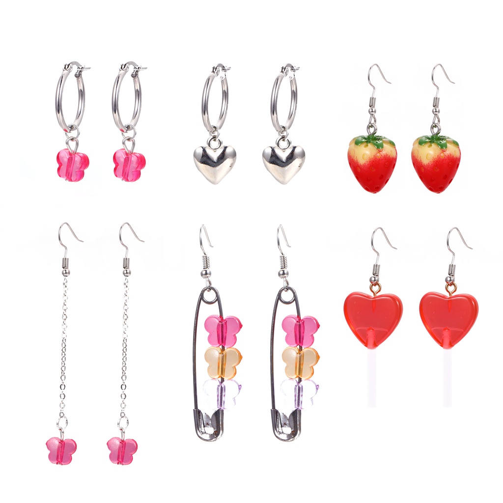 12 Pcs / Set Anting Bentuk Hati Butterfly Strawberry Warna-Warni Bahan Resin Untuk Wanita