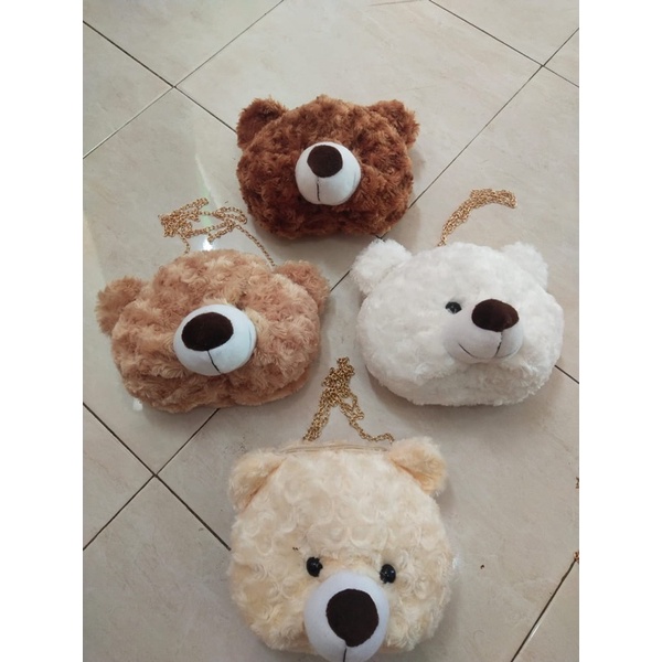 Tas Selempang Kepala Bear Boneka Beruang Bulu Slingbag Wanita Teddy Bear Korea Lucu tali rantai