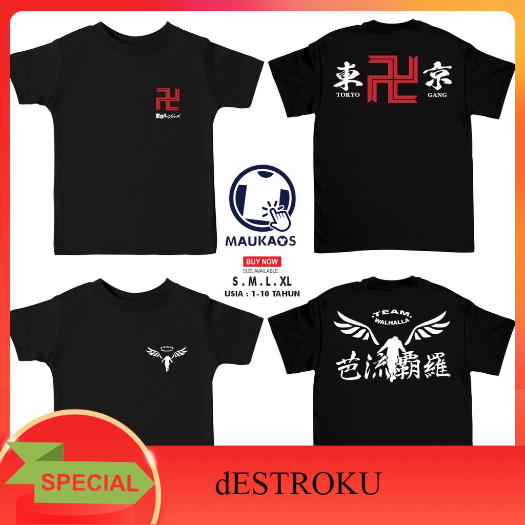 dESTROKU Kaos Anak TOKYO REVENGERS MANJI GANG TEAM VALHALLA FLAG Kaos Anime