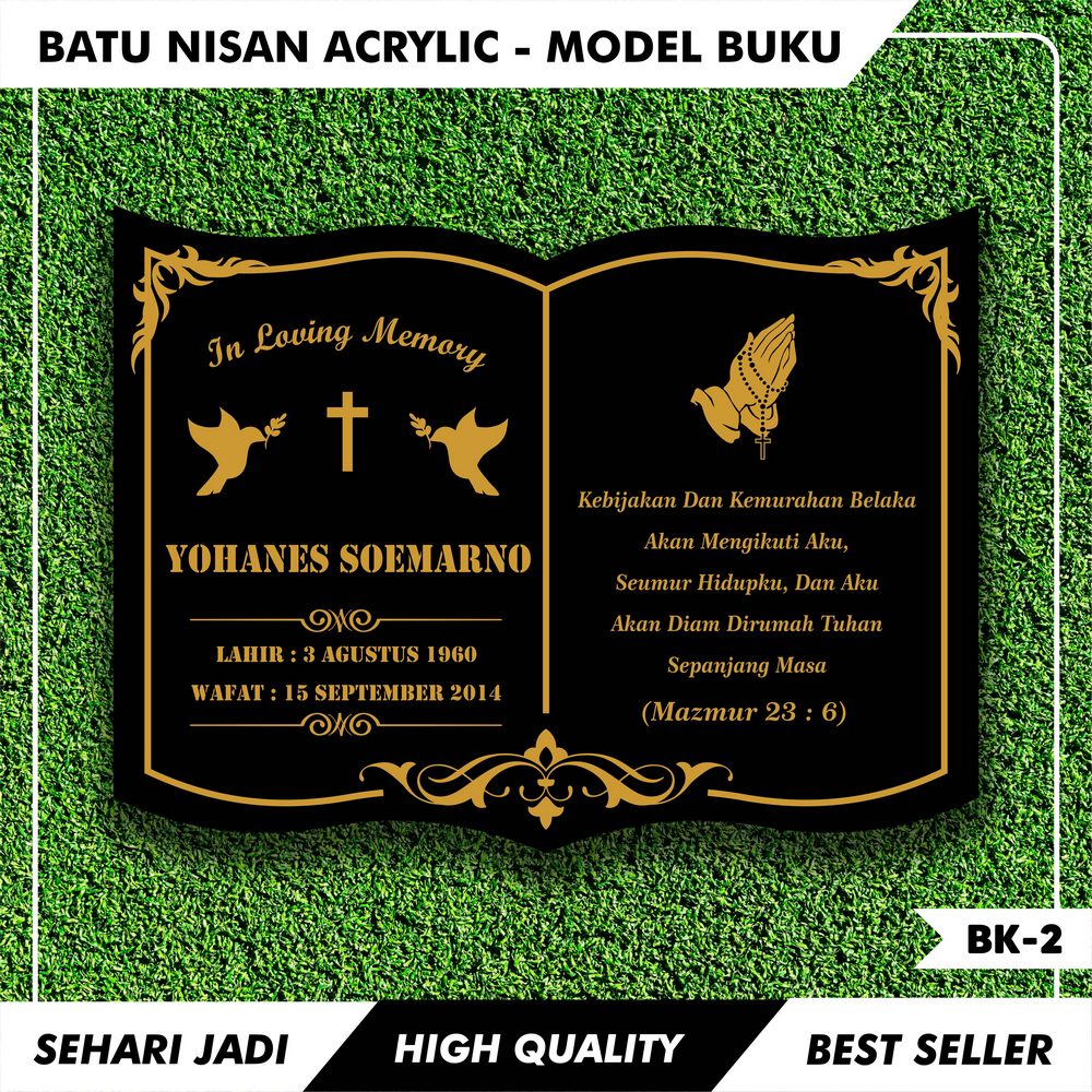 (SEHARI JADI) NISAN KRISTEN MODEL BUKU CUSTOM AKRILIK MAKAM / PRASASTI TULISAN UKIR NAMA / BATU NISA