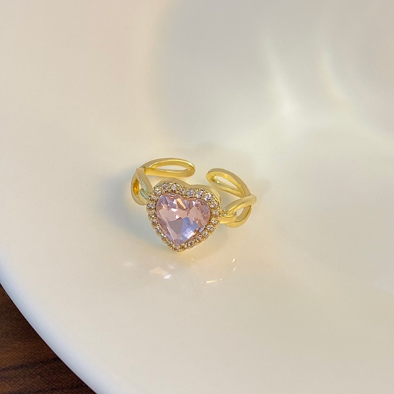 Cincin Bentuk Hati Aksen Kristal Warna Pink Gaya Vintage Untuk Wanita