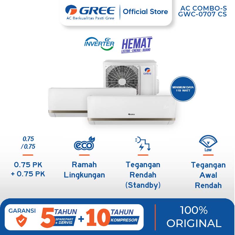 GREE AC COMBO SPLIT - INVERTER -PUTIH [2 INDOOR 3/4 PK + 3/4 PK & 1 OUTDOOR] MODEL GWC-0707CS/ GWC07
