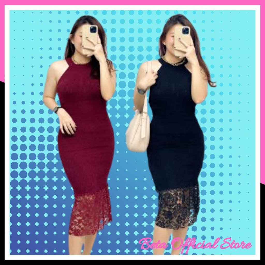 Baju Dress Singlet Brukat Rajut Pesta Natal Kekinian Gaun Midi Dres Party Polos Wanita Remaja Modern