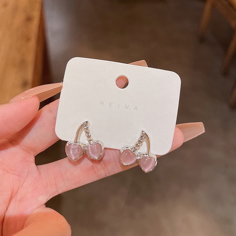 Anting Tusuk Sterling silver 925 Desain Buah Ceri Pink Hias Opal Untuk Wanita