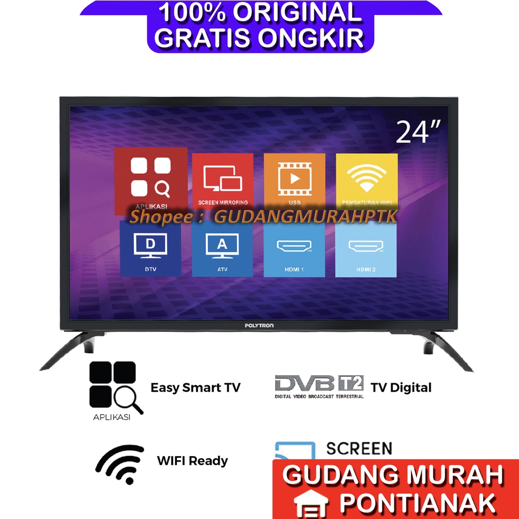 POLYTRON TV LED 24Inch Easy Smart TV PLD-24MV1859 Bisa Miracast televisi LED DIGITAL DVB T2