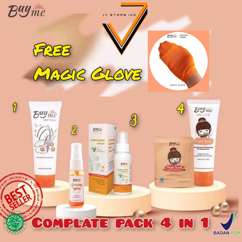 BUYME Paket 4 IN 1 : Bodywash + Magic Scrub 50 ml + Sunscreen + Glowing Spray + M.scrub 10 ml FREE Magic Glove