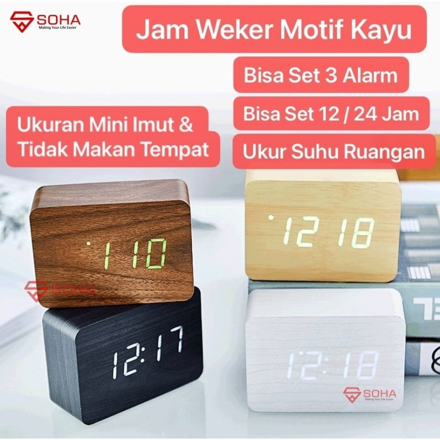 Jam Meja Motif Kayu Digital Led Weker Desain Size Mini Motif Wood Alarm LED Clock Waker Suhu temperature date Tanggal Jam Kerja