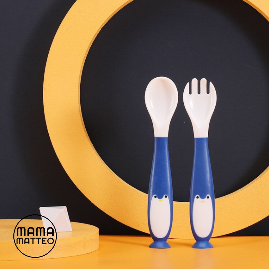 Sendok Garpu Set Makan Bayi Silikon Lentur untuk Anak Motif Penguin / Kids Baby Spoon Fork Set MPASI Bahan Silicone / Warna Pink Orange Tosca Biru Tua