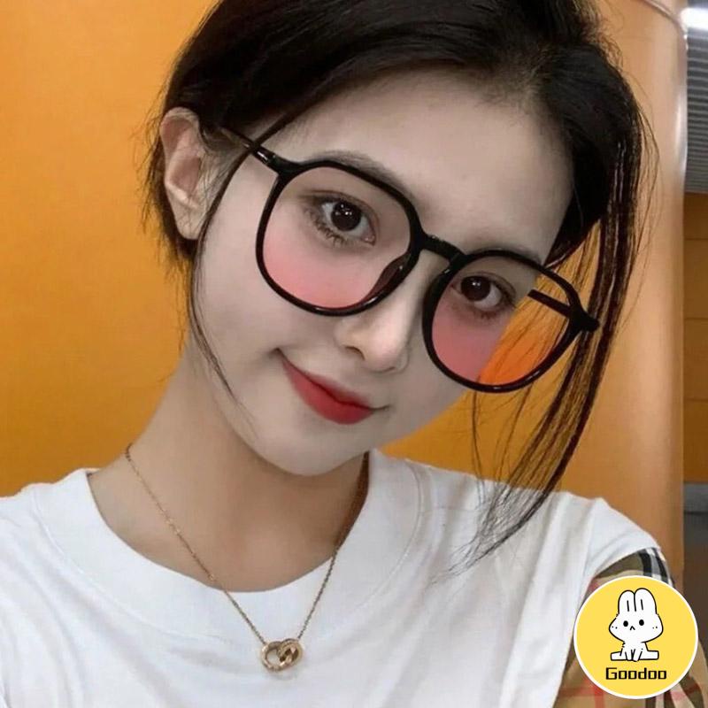 Gradien Pink Blush Glasses Perempuan Anti-biru Warna Cahaya Mengubah Kacamata Bingkai Besar -Doo