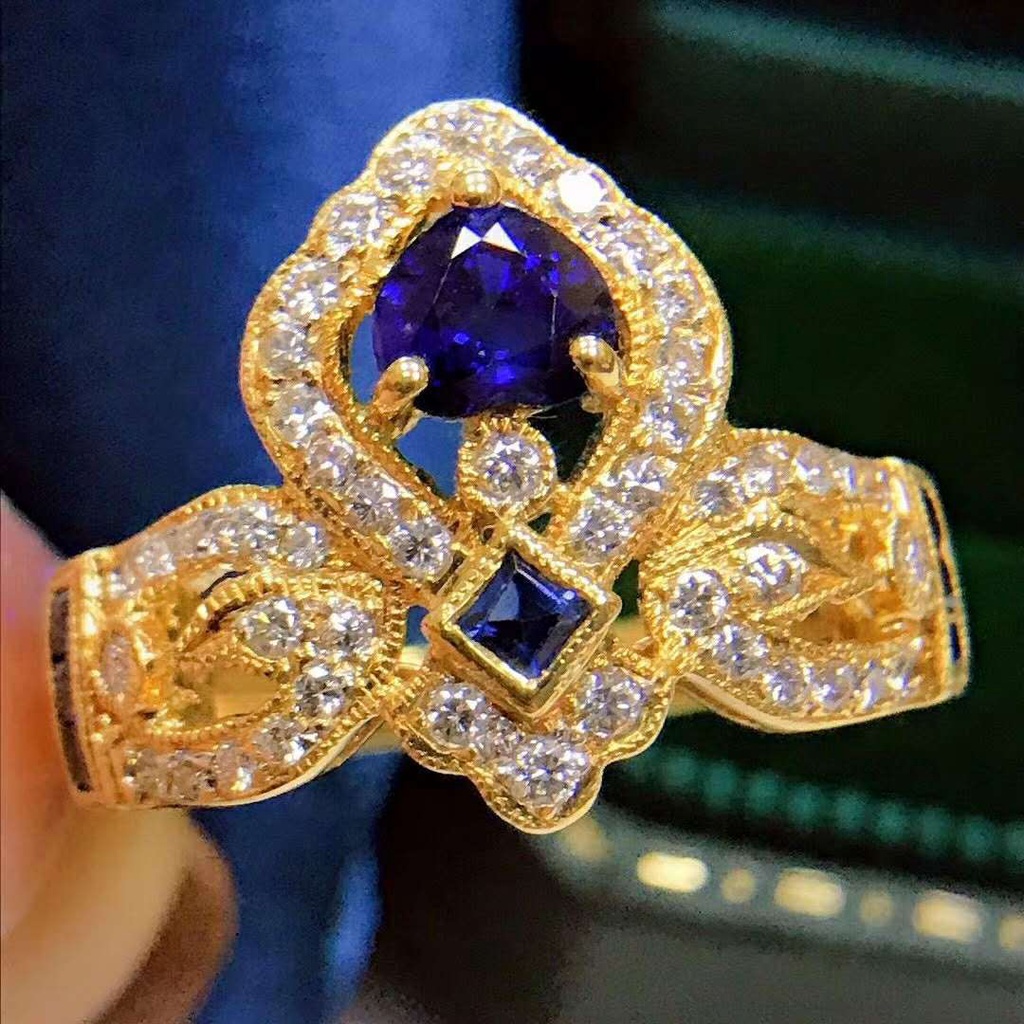 Goldkingdom Fashion Perhiasan Emas Asli Kadar 375 Bangkok Aksesoris Ready Stock Bertatahkan Safir Berlapis Emas Mahkota Cincin Pertunangan Adjustable Ring Wanita