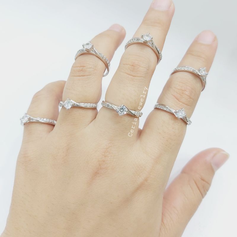Cincin Perak Asli Silver Wanita 925 Lapis Emas Putih Model Soliter Diamoad- Perhiasan wanita