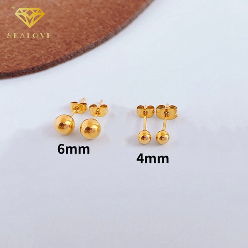 SEALOVE Anting Titanium Wanita Anti Karat Needle Bentuk Emas Bola Manik-Manik Stud Earrings Hypoallergenic Ukuran Kecil 4MM 6MM