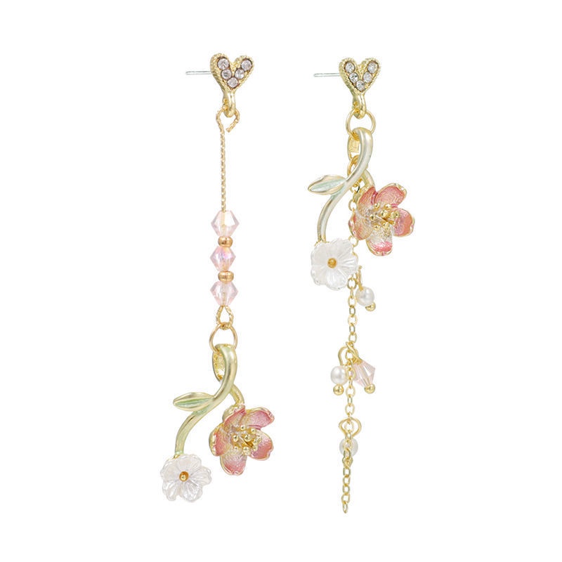 Anting Tusuk Asimetris Bentuk Bunga Peach Blossom Warna Pink Untuk Wanita