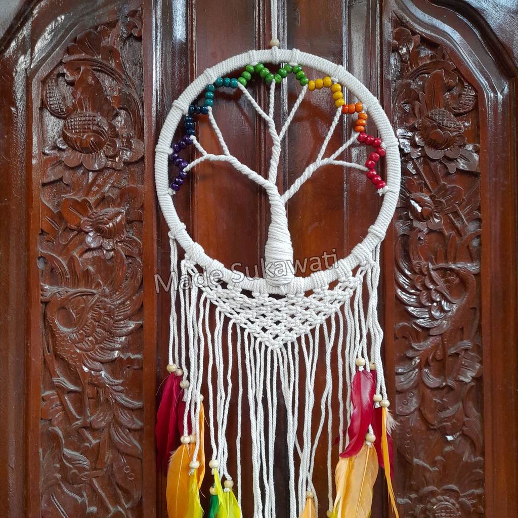 Dream catcher jaring sulam diameter 27cm variasi bola pohon bulu Rainbow