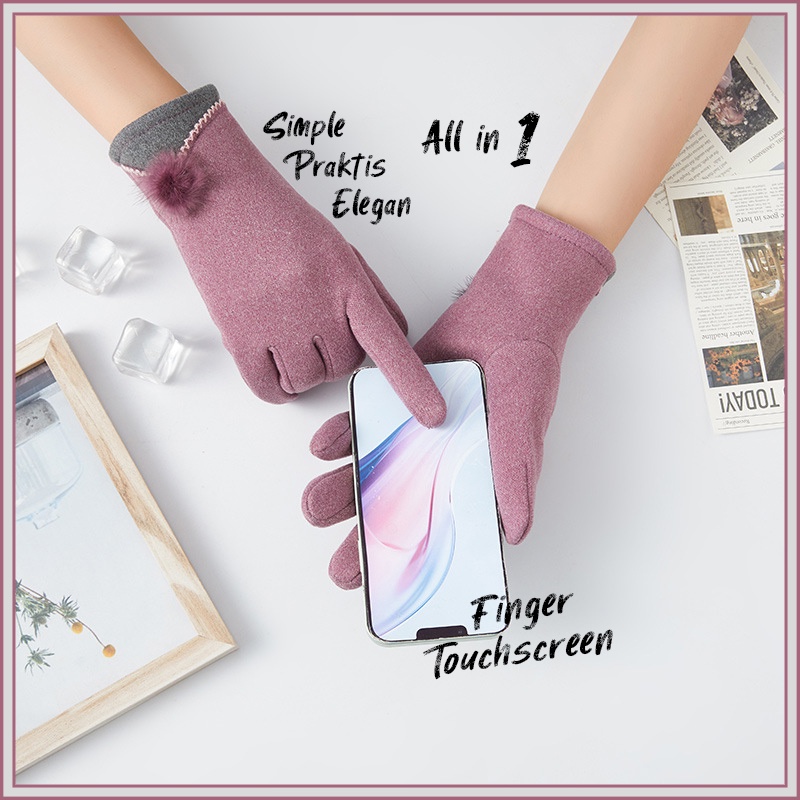 Sarung Tangan Wanita Elegan Fur Ball Decoration Women Gloves Full Finger Touchscreen Korean Version