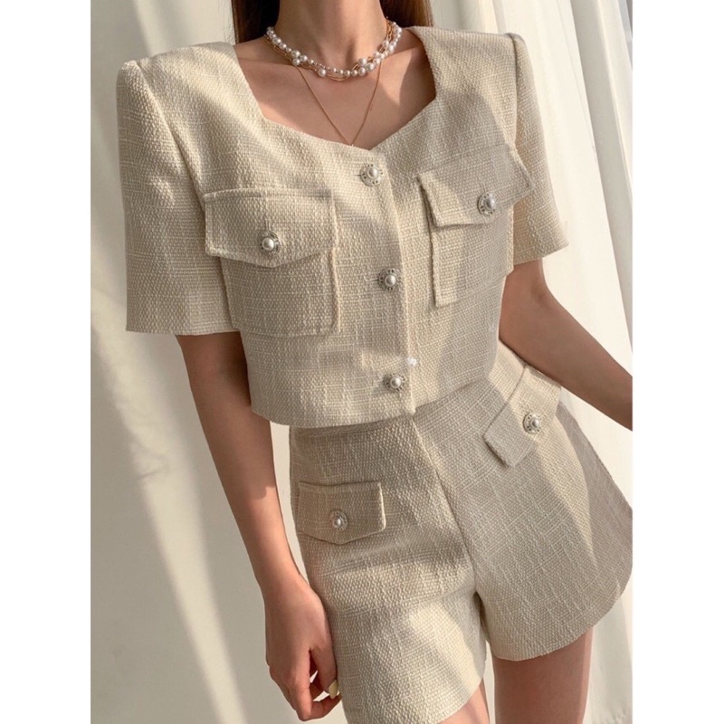 Kirana tweed set crop blazer blouse short pants celana pendek wanita