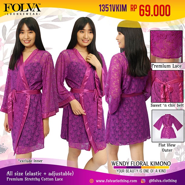 FOLVA kimono baju tidur cotton lace 1351VKIM ungu all size