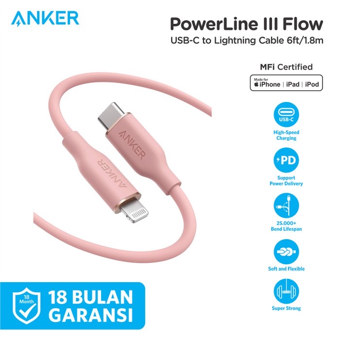 Anker Cable Charger PowerLine III Flow Type C to Lightning 6ft (1.8m) - SKU : A8663 - Garansi Resmi 18 Bulan