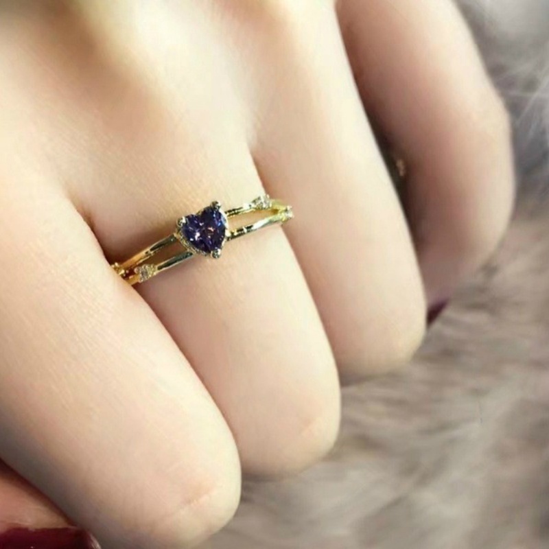 Cincin Sterling Silver Lapis Rose Gold Emas Asli Kadar 375Desain Hati Hias Kristal Berlian Ungu Untuk Wanita