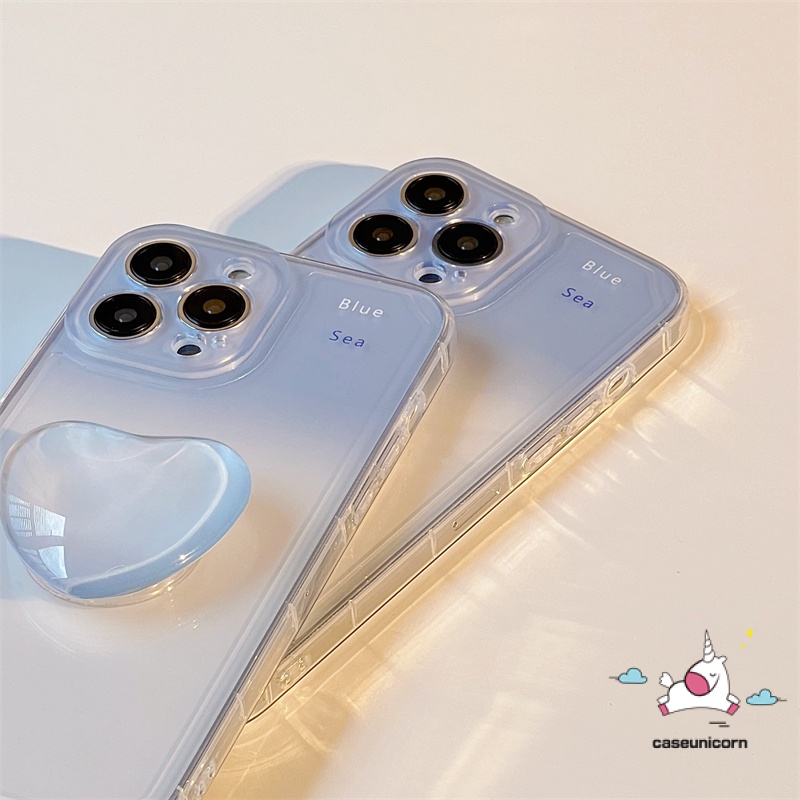 IPHONE Cute Love Heart Ring Holder Stand Bracket Back Case Kompatibel Untuk Iphone11 13 12 14 Pro Max7 8 Plus 6 6S X XS MAX SE 2020transparan Biru Gradiasi Lembut TPU Phone Cover