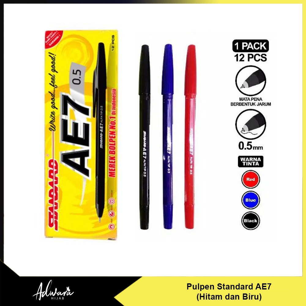 Pulpen Standard AE7 / Pena Alat Tulis Eceran Per Pcs (Hitam dan Biru)