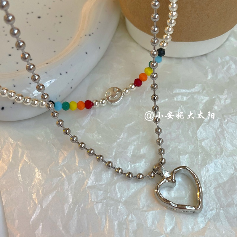 IFYOU Kalung Rantai Choker Liontin Manik-Manik Smiley Hati Warna-Warni Gaya Vintage Korea Untuk Wanita