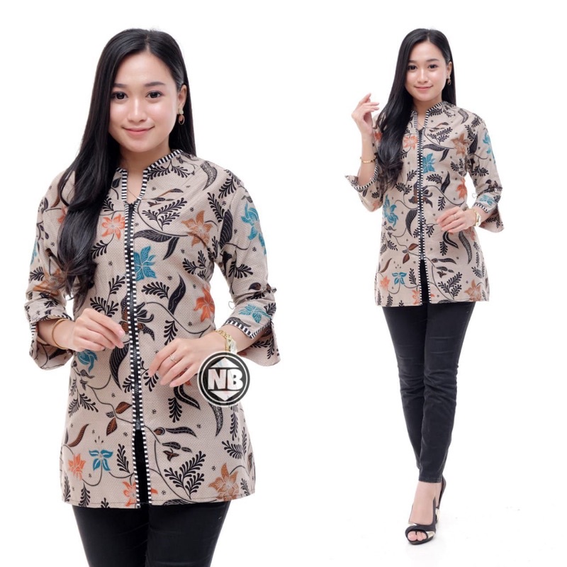 Baju Blouse zipper Batik Atasan Wanita Seragaman Uniform IPPNU Biru