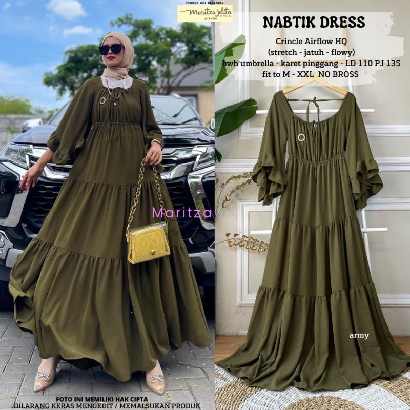 NEW BEST SELLER OOTD KEKINIAN NABTIK DRESS WANITA MUSLIM LENGAN BALON VARIASI TALI CRINGKLE BAHAN BA