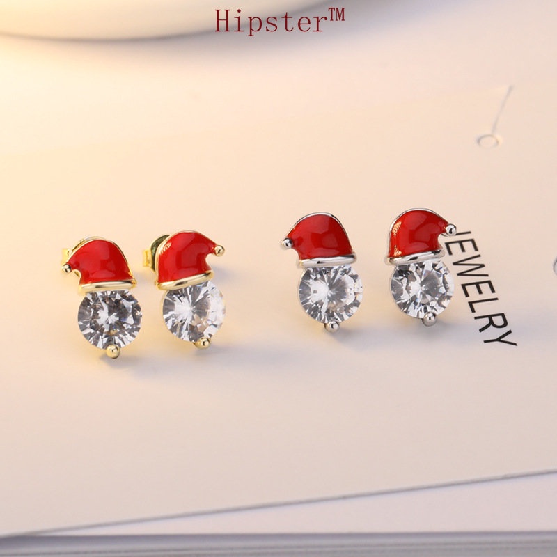 Anting Tusuk Zircon Bentuk Topi Santa Claus Lapis Emas 18K M3067