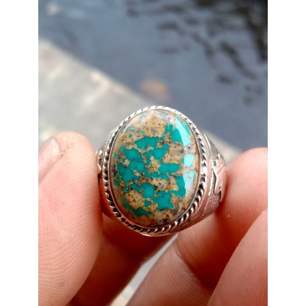 Natural batu pirus Persia hijau ring perak 925 jaminan batu asli