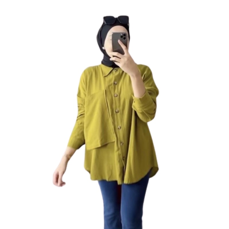 Kemeja Basic Crincle Airflow Atasan Baju Wanita Pocket Full Kancing