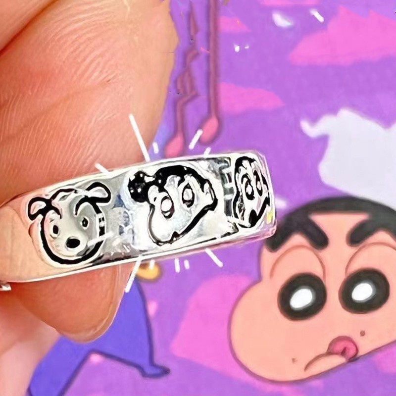 Fashion Simple Crayon Shinchan Karakter Kartun Pasangan Anime Pola Ekspresi Cincin Yang Dapat Disesuaikan COCOJEWELRY