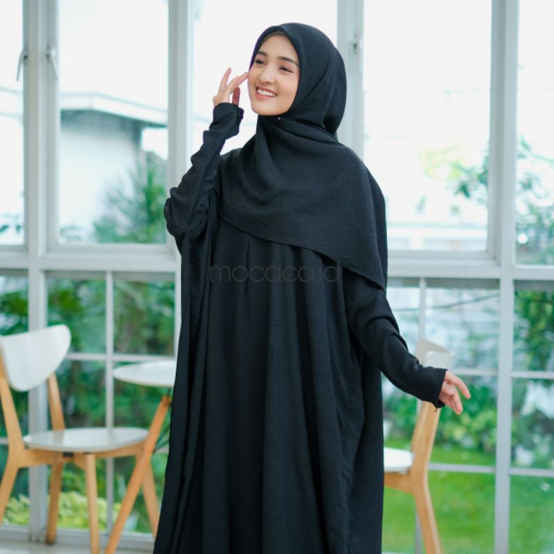abaya set premium sudah dengan kerudung hitam ada saku sleting lengan panjang free size