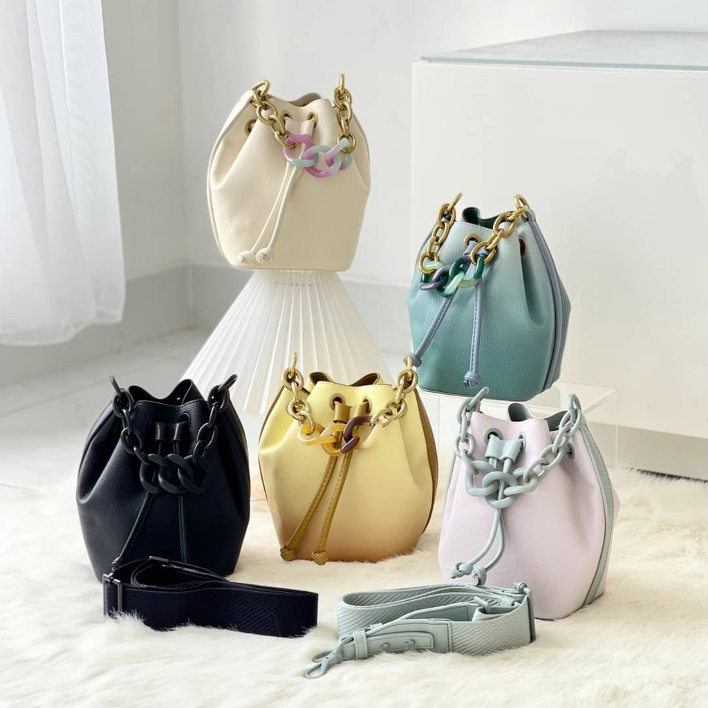 CNK Chain-Handle Drawstring Bucket Bag (C1297)