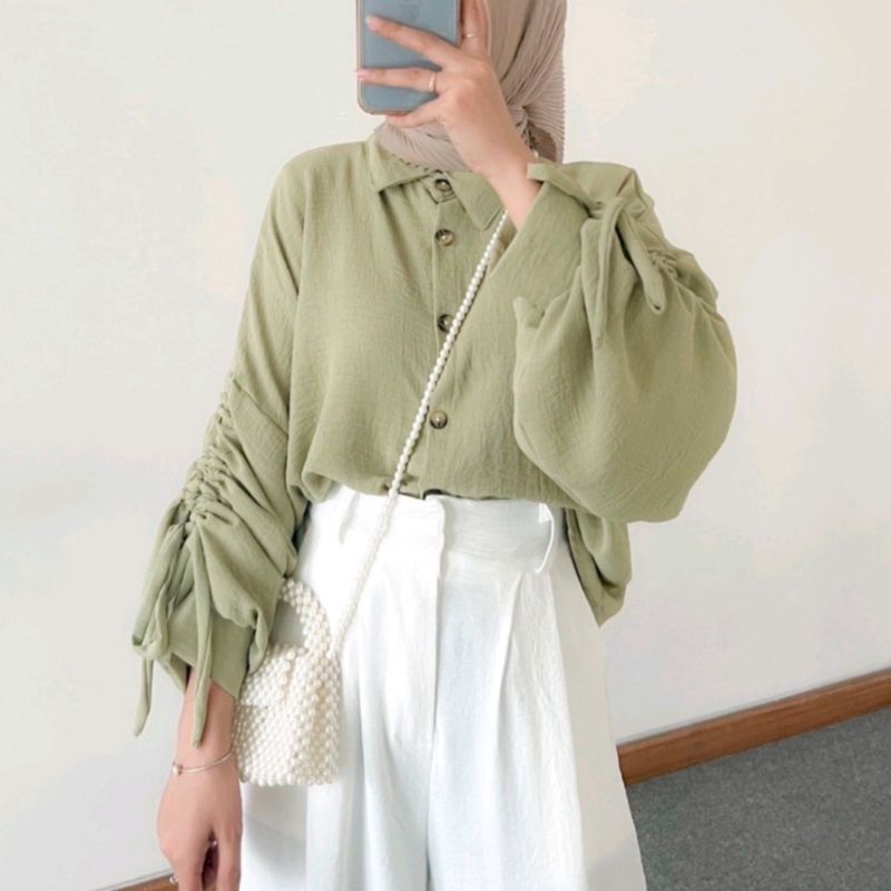 Kemeja Blouse Crinkle Airflow Premium Ld 130cm Panjang 65cm Serut Lucu Korea Terbaru Lengan Puffy Ba