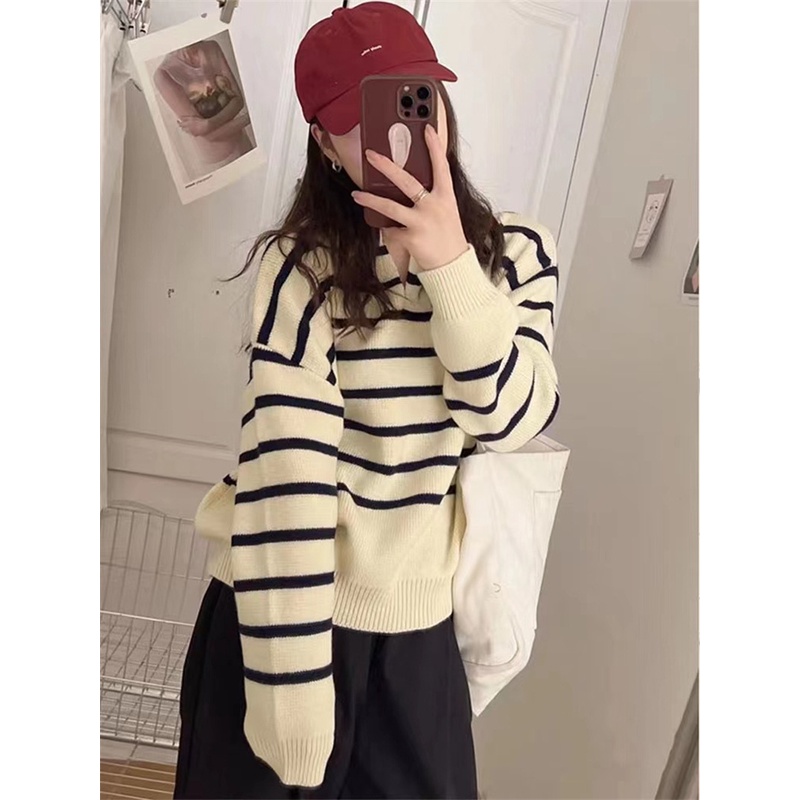 Amber Sweater Polo Stripes Top Oversize Wanita - Atasan Rajut Jumbo Knit Import - TM (MG22378)
