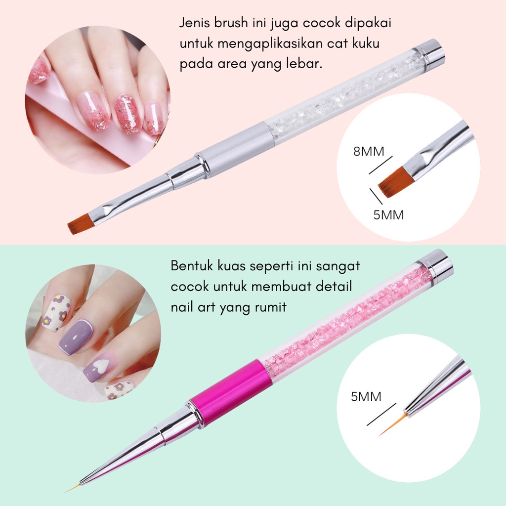 Brush Kuas Nail Art Crystal Besar + penutup / Angled / Acrylic / Round / Liner / Flat