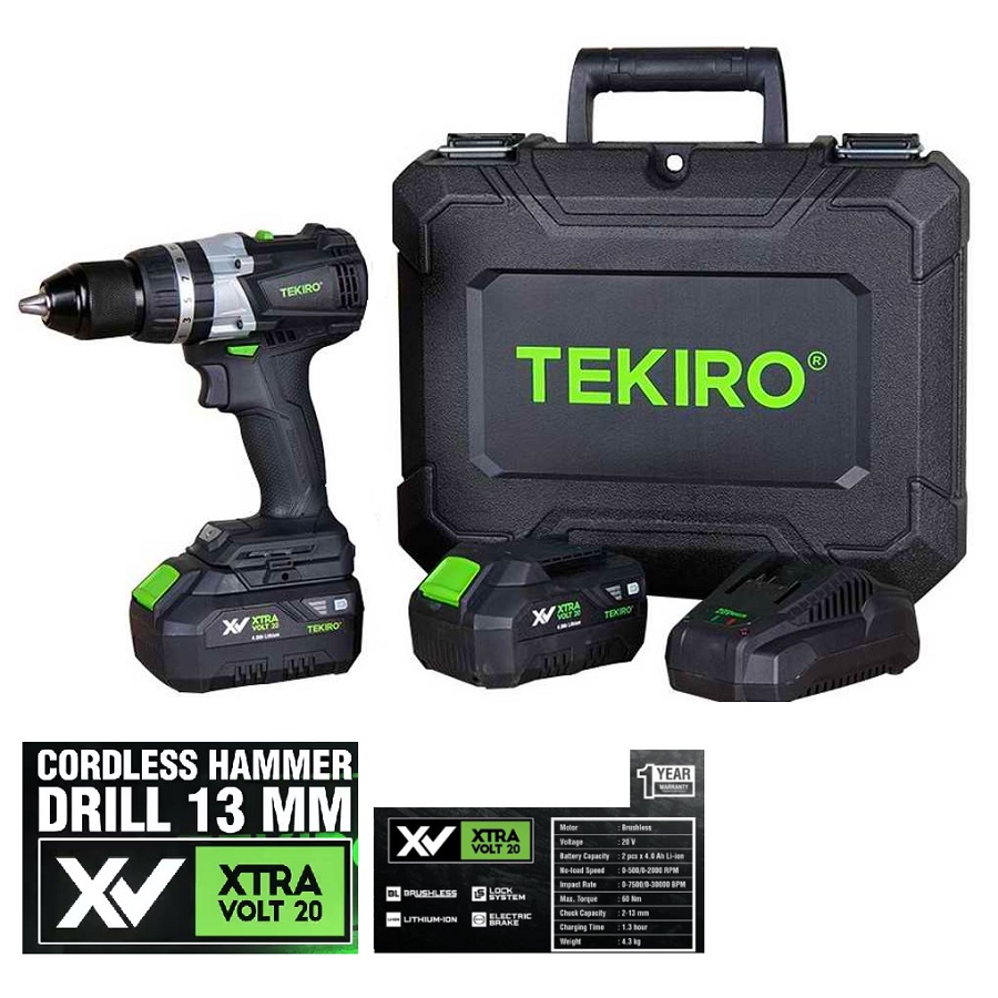 TEKIRO Mesin Bor Cordless Impact XV 13 MM 20 volt 20v / Cordless Hammer Drill 13mm 20V /Mesin Bor Pukul Tanpa Kabel 13 mm HEAVY DUTY Lithium Ion