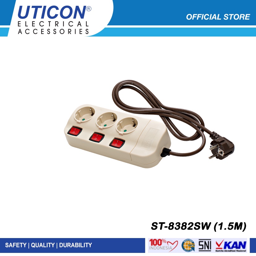 Uticon ST-8382SW (1.5M) Stop Kontak Kabel 3 Lb+Pengaman Soket+Saklar