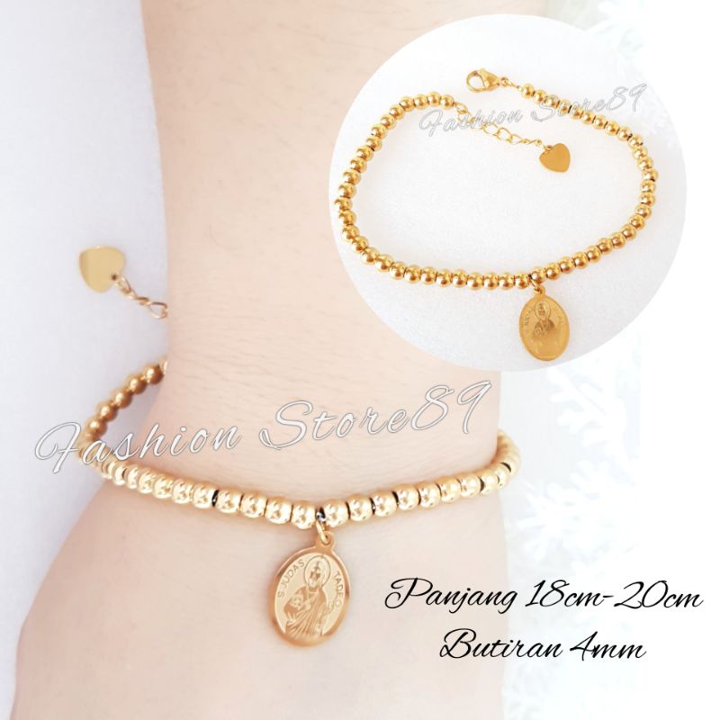 Gelang Rosario Full Butiran 4mm Gold Silver Pria Wanita Fashion Rohani Bunda Maria &amp; Santo Benediktus