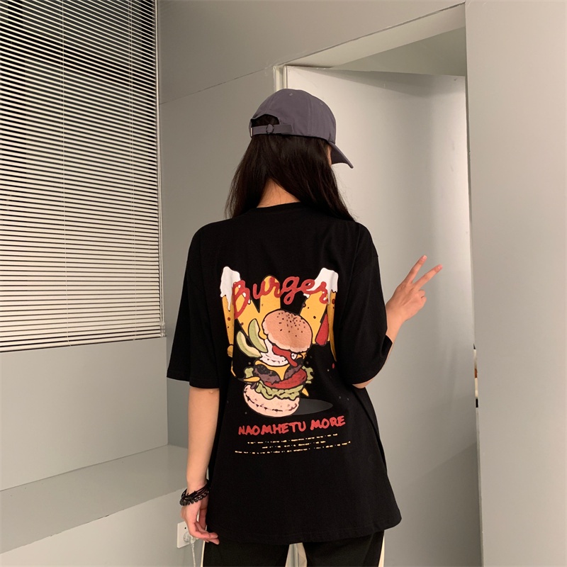 EUNII T-shirt Lengan Pendek Kartun Roti Isi Daging Pencetakan Longgar Korean Style/Kaos Atasan Wanita/Baju Kaus Oversize Wanita